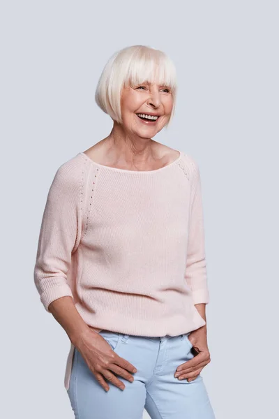 Smiling Caucasian Woman Light Sweater Posing Grey Background Studio Hands — Stock Photo, Image