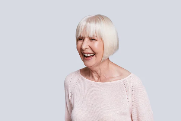 Happy Laughing Caucasian Woman Light Sweater Short Grey Hair Posing — Stock Photo, Image