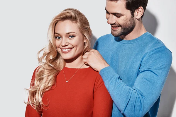 Handsome Young Man Putting New Necklace Girlfriend Neck Smiling While — Stock Photo, Image