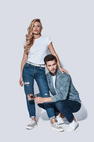 Fashionable Man Woman Denim Wear Posing Studio Copy Space — Stock Photo, Image