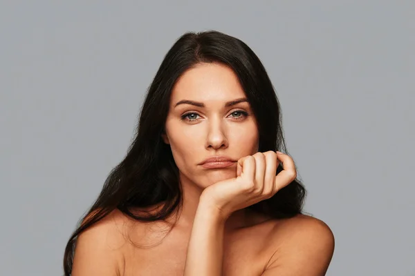 Sad Shirtless Brunette Woman Posing Camera Studio Hand Chin — Stock Photo, Image