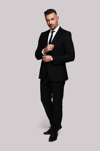 Confident Handsome Man Full Suit Adjusting Sleeve — Stock Photo, Image