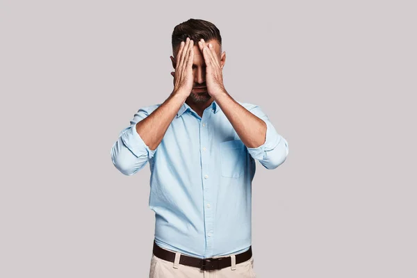 Emotional Stressed Frustrated Young Man Covering Face Hands — Stock Photo, Image