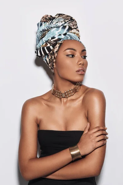 Effortless Beauty Attractive Young African Woman Turban Looking Away Keeping — Stock Photo, Image