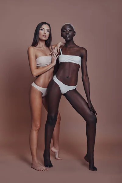 Deux Modèles Femmes Posant Lingerie Sur Fond Marron — Photo