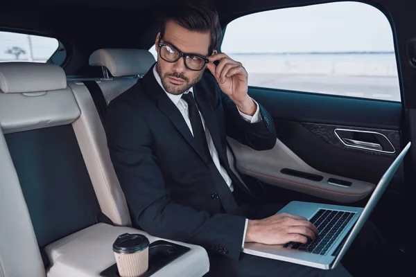 Planning His Business Thoughtful Young Man Full Suit Working Using — Stock Photo, Image