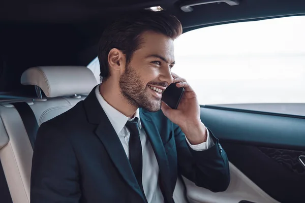 Good Talk Handsome Young Man Full Suit Talking Smart Phone — Stock Photo, Image