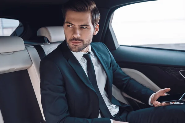 Young Successful Handsome Young Man Full Suit Looking Away While — Stock Photo, Image