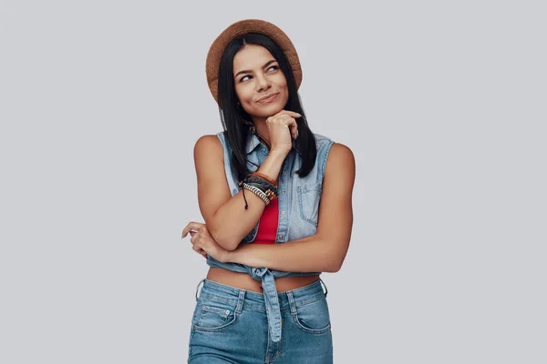 Attractive Stylish Young Woman Looking Away Smiling While Standing Grey — Stock Photo, Image