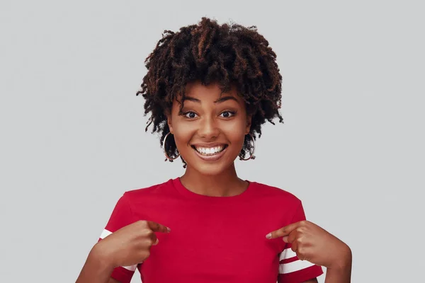 Attractive Young African Woman Looking Camera Smile Pointing Herself While — Stock Photo, Image