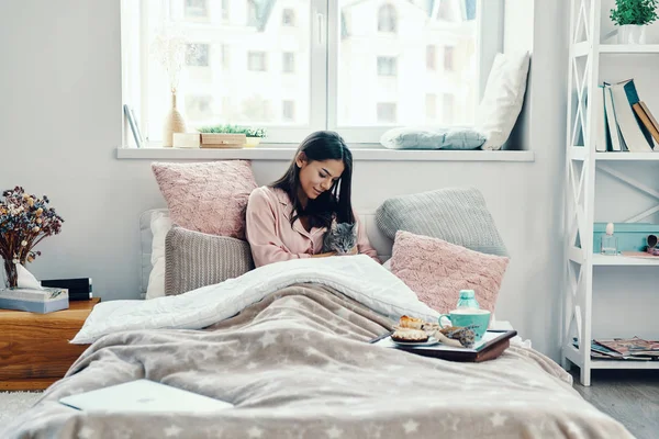 Mooie Jonge Vrouw Pyjama Glimlachen Omarmen Huiselijke Kat Terwijl Rusten — Stockfoto