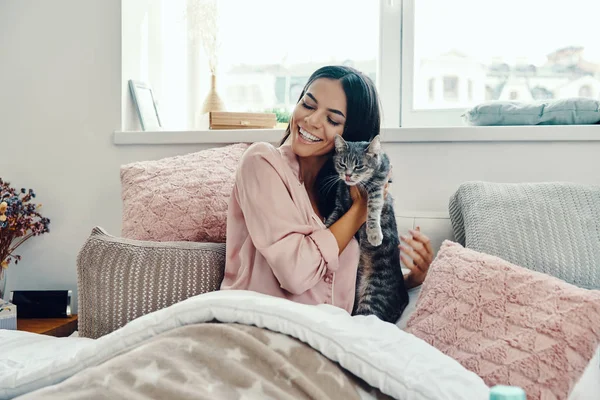 Mooie Jonge Vrouw Pyjama Glimlachen Omarmen Huiselijke Kat Terwijl Rusten — Stockfoto