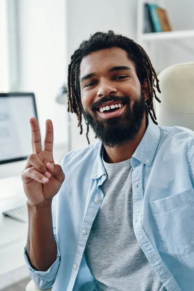 Charming Young African Man Smiling Looking Camera While Taking Selfie — Stock Photo, Image