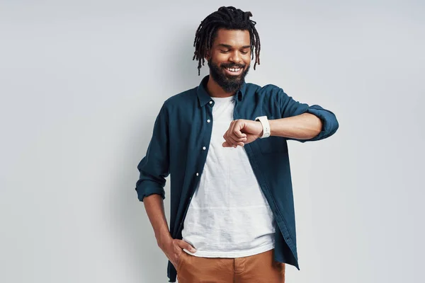 Charming Young African Man Casual Wear Checking Time Smiling While — Stock Photo, Image