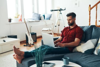 Kanepede otururken dizüstü bilgisayar kullanan sıradan giysili yakışıklı bir genç.