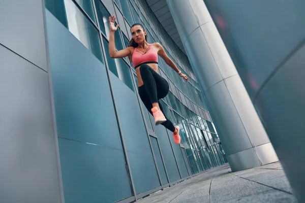 Beautiful Fit Young Woman Sports Clothing Hovering Air While Exercising — Stock Photo, Image