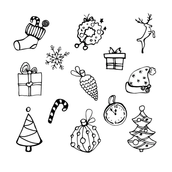 Karalama tarzında bir Noel tasarım elemanı seti. Beyaz üzerinde izole vektör