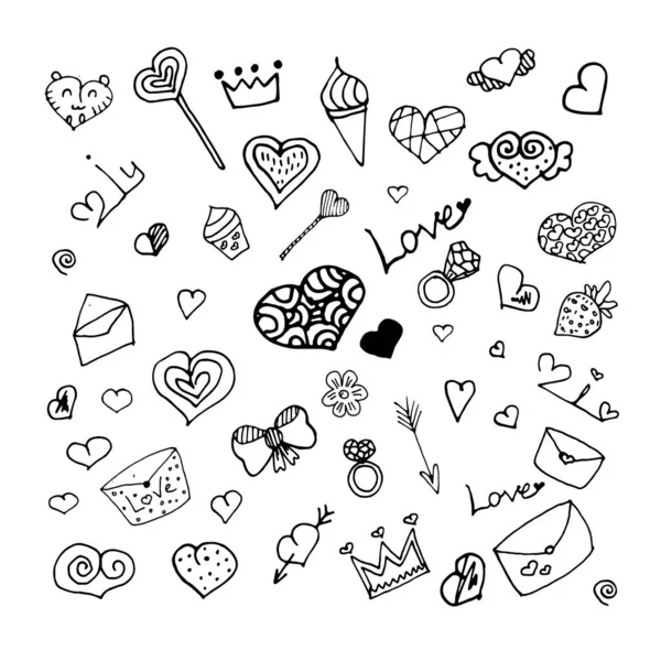 Sevimli aşklar arka plana karalama yapar. Karalamalar kalp, yüzük, mektuplar, ok, kek, taç, çiçek, çilek unsurları. Parmak izi ve kartlar için dizayn. Kusursuz Vektör. Sevgililer günün kutlu olsun..