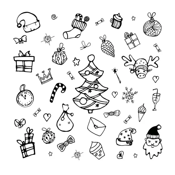 Kış Tatil Sembollü Şirin Mutlu Noeller Kusursuz Şablon. Siyah ve Beyaz, Tek Renkli Çizgi Sanat Tasarımı. Karalama stilinde büyük bir set Noel tasarım elemanı.