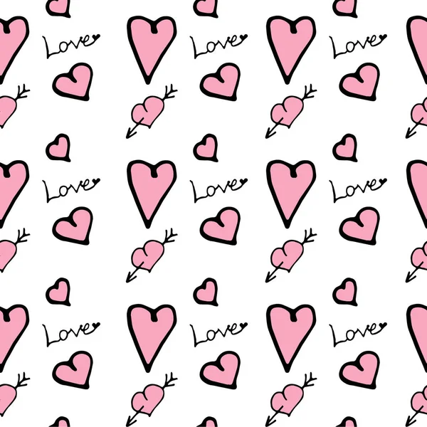 Tekrarlayan kalpler, el yazısıyla yazılmış aşk. Romantik, pürüzsüz bir düzen. Sonsuz kız baskısı. Elle çizilmiş, taslak, karalama. Şirin vektör çizimi. Beyaz üzerinde izole vektör