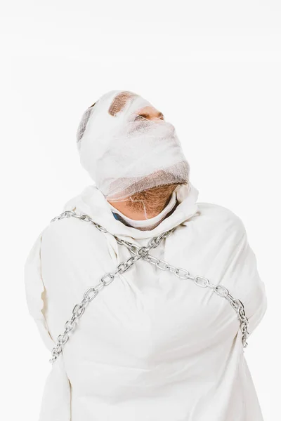 Closeup Insane Psycho Man Wearing Straitjacket Isolated White — Stock Photo, Image