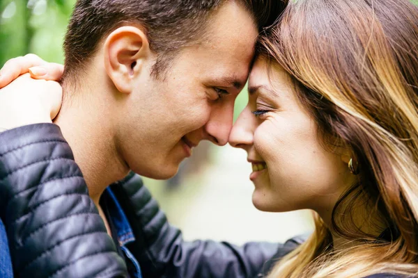Closeup Beautiful Smiling Couple Being Love Looking One Other — Stock Photo, Image