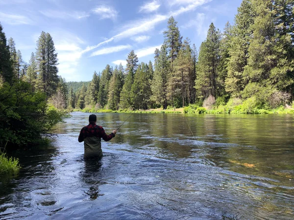 Metolius River Oregon Fly Fishing Trip with Fisherman Casting — Stock Photo, Image