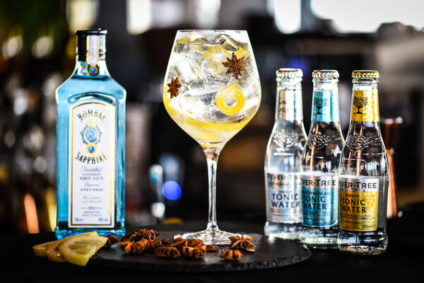 tonic gin beverage with fresh fruits & spices