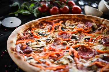 Taze malzemeli lezzetli İtalyan pizza kaprisiosa - sebze, peynir, jambon, domates sosu ve fesleğen