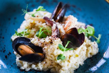 Taze sebzelerle lezzetli deniz ürünleri pilavı - ahtapot, karides, kabuk, mürekkep balığı ve özel sebze sosuyla karıştırılmış karides.