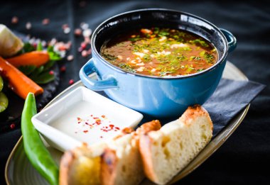 Romanya geleneksel hindi çorbası taze sebzeler, krema, baharat ve ev yapımı ekmek. 