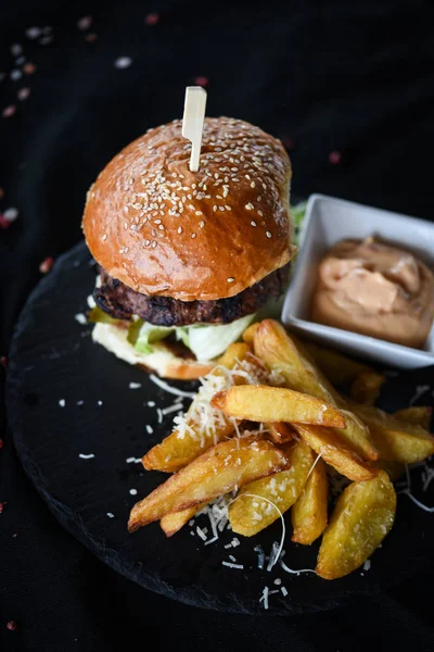 home made burgers with delicious french fries & spicy mayonnaise sauce