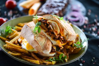 Patates kızartması ve taze sebzeli nefis pirzola sandviçi.