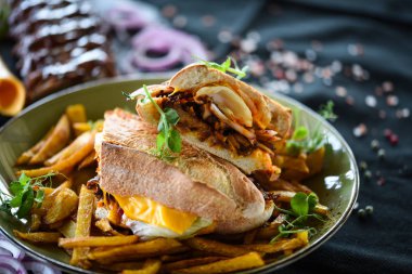 Patates kızartması ve taze sebzeli nefis pirzola sandviçi.