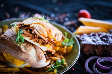 Patates kızartması ve taze sebzeli nefis pirzola sandviçi.