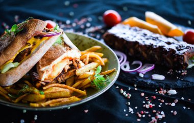 Patates kızartması ve taze sebzeli nefis pirzola sandviçi.