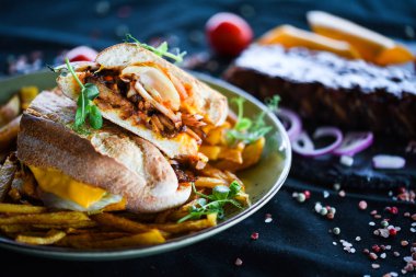 Patates kızartması ve taze sebzeli nefis pirzola sandviçi.