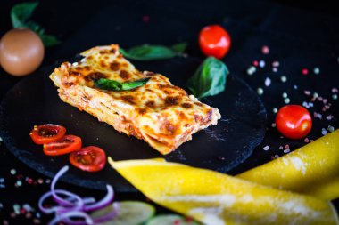 Lezzetli ev yapımı lazanya dilimi. Geleneksel İtalyan faturasından sonra taze malzemelerle birlikte. 