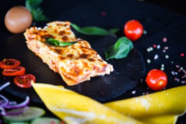 Lezzetli ev yapımı lazanya dilimi. Geleneksel İtalyan faturasından sonra taze malzemelerle birlikte. 