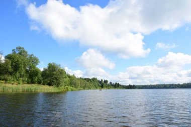 Güneşli bir yaz gününde nehir. Sudan ateş ediyorlar..