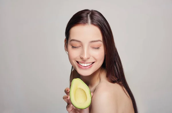 Profile side portrait of attractive cheerful brown-haired nude lady with perfect pure shine skin smiling — Stock Photo, Image