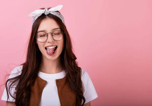 Portrait Caucasian Young Long Haired Brunette Woman Hipster Bandana Glasses — Stock Photo, Image