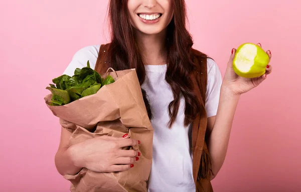 Funny Cute Caucasian Girl Smiles Holds Pleasure Healthy Diet Vegetable — Stock Photo, Image