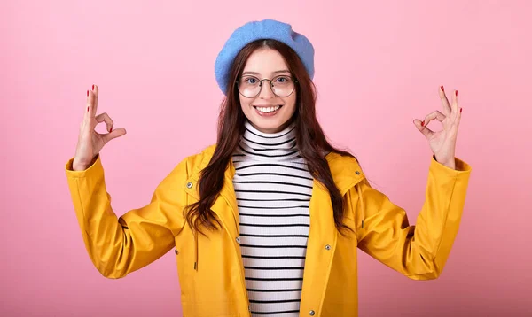 Elegant Student Gentle Blue Beret Striped Blouse Yellow Rain Jacket — Stock Photo, Image