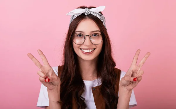 Portrait Caucasian Young Long Haired Brunette Woman Hipster Bandana Glasses — Stock Photo, Image