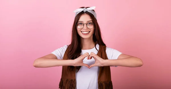 Graceful Young Long Haired Brunette Woman Hipster Bandana Glasses Vest — Stock Photo, Image