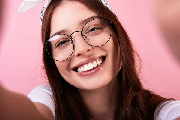 Happy Young Long Haired Brunette Hipster Student Bandana Glasses Vest — Stock Photo, Image
