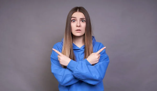 Young Pretty Caucasian Girl Long Blond Hair Blue Hoodie Crossed — Stock Photo, Image