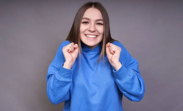 Beautiful Sweet Young Girl Blue Sweatshirt Sincerely Smiling She Happy — Stock Photo, Image
