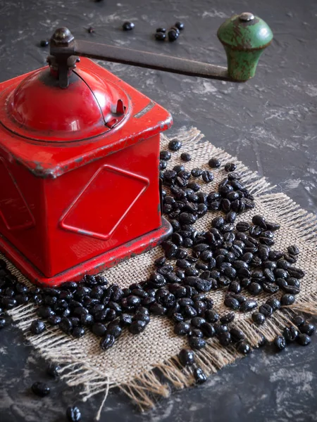 Klasik kırmızı kahve öğütücüsü ve fasulye.